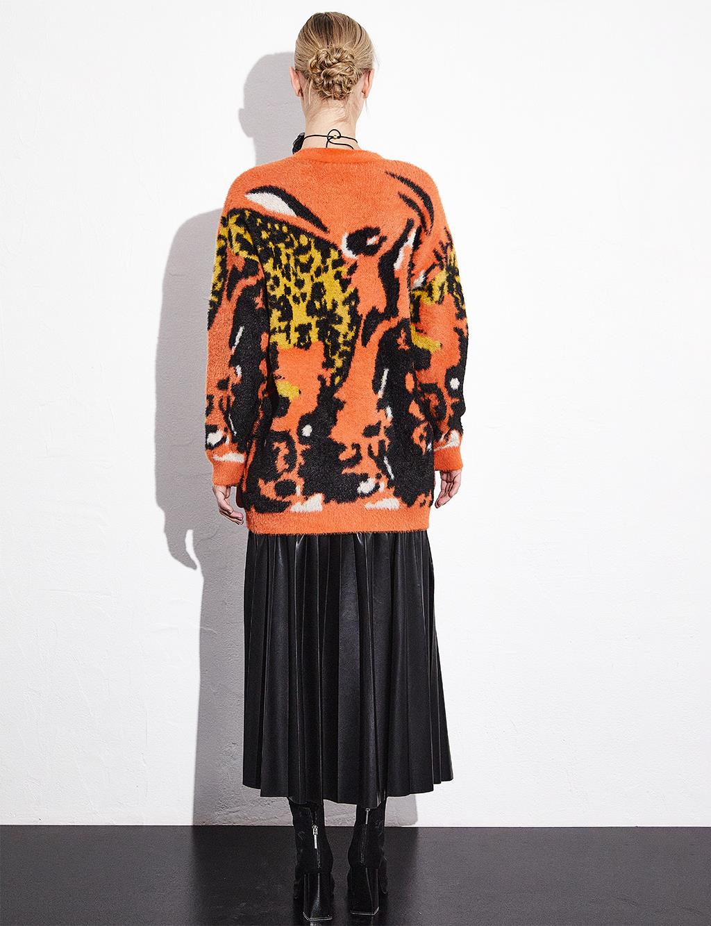 Exclusive Animal Print Plush Cardigan Orange