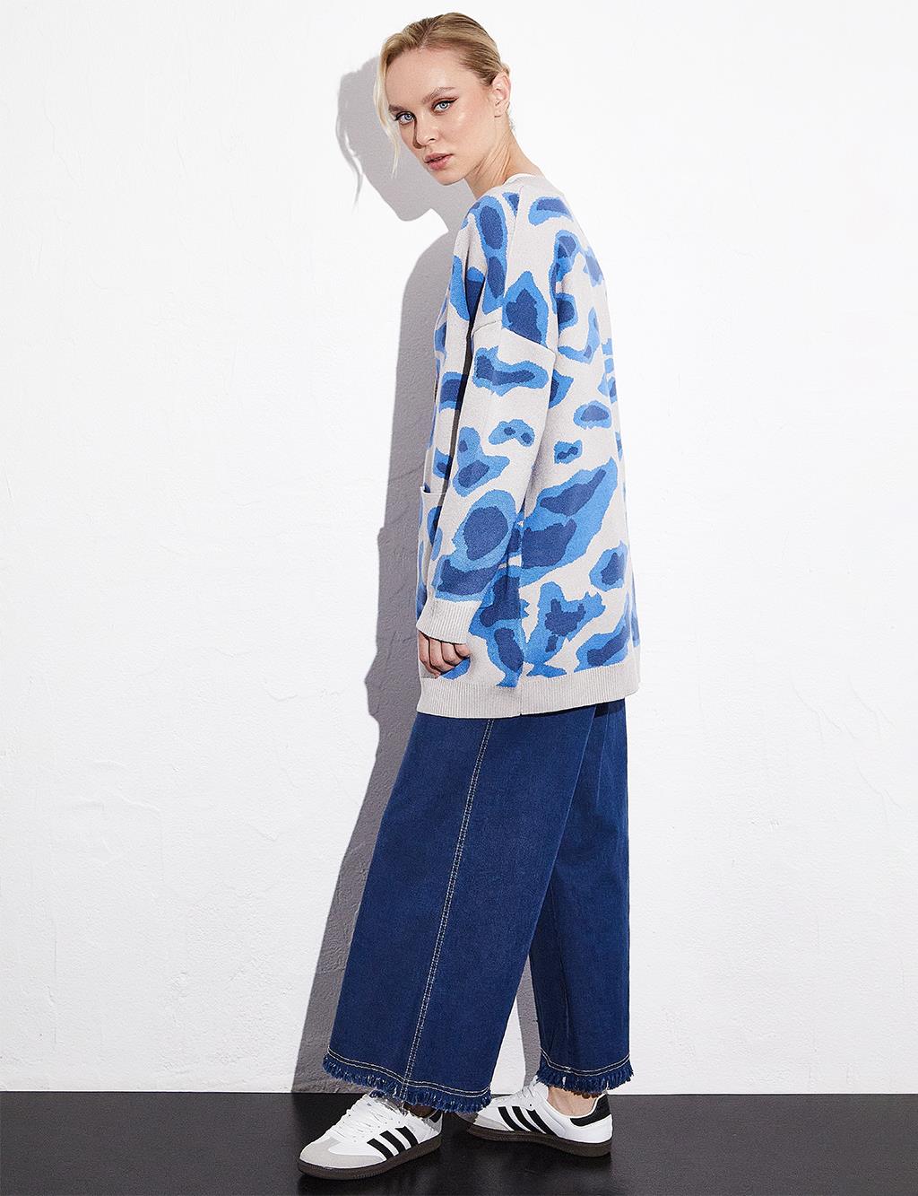 Exclusive Abstract Pattern Knit Cardigan Indigo