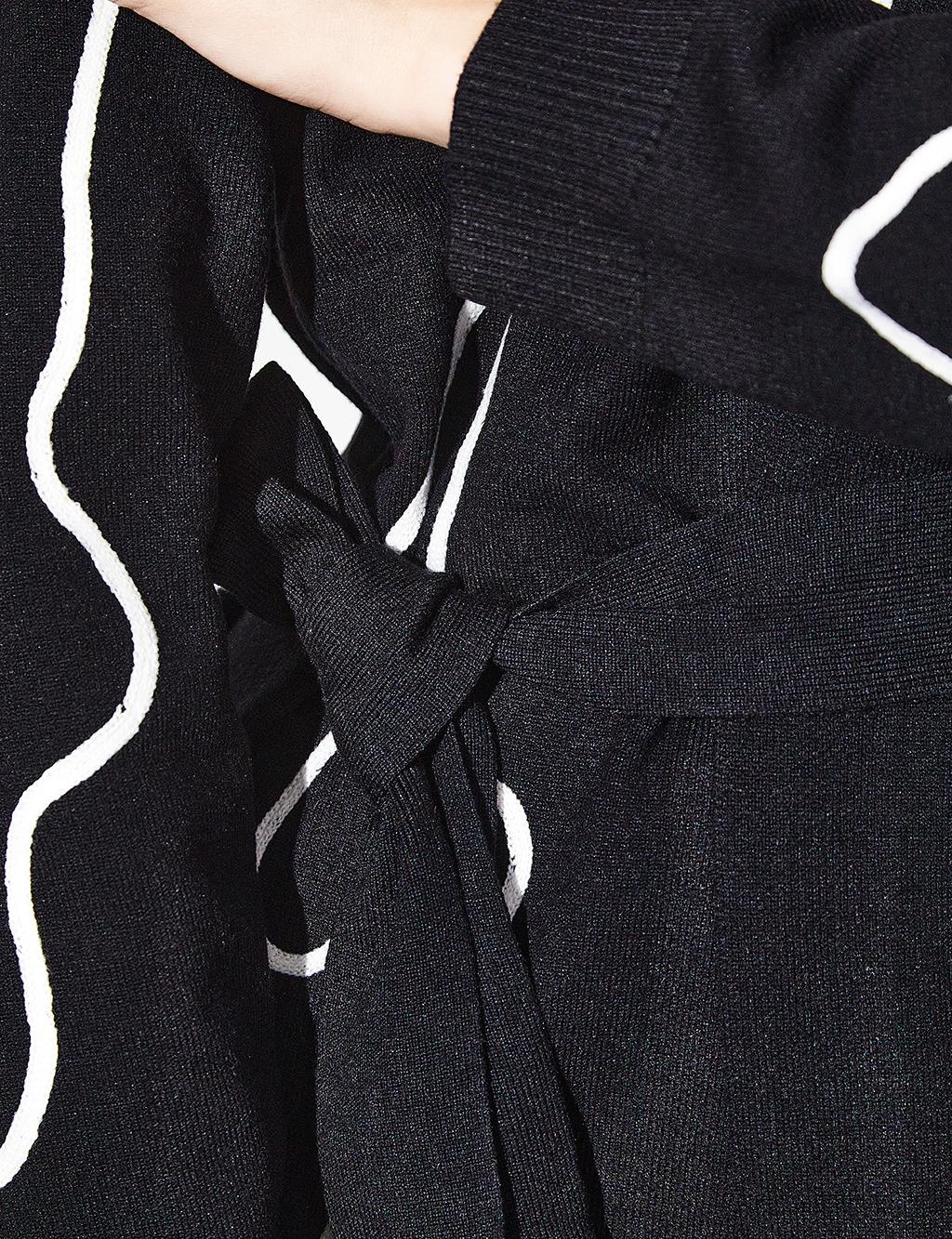 Exclusive Striped Belted Knit Cardigan Black