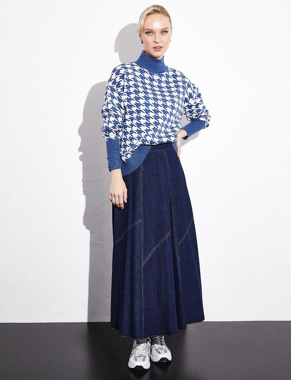 Exclusive Turtleneck Goose Feet Pattern Knitwear Blouse Indigo Ecru