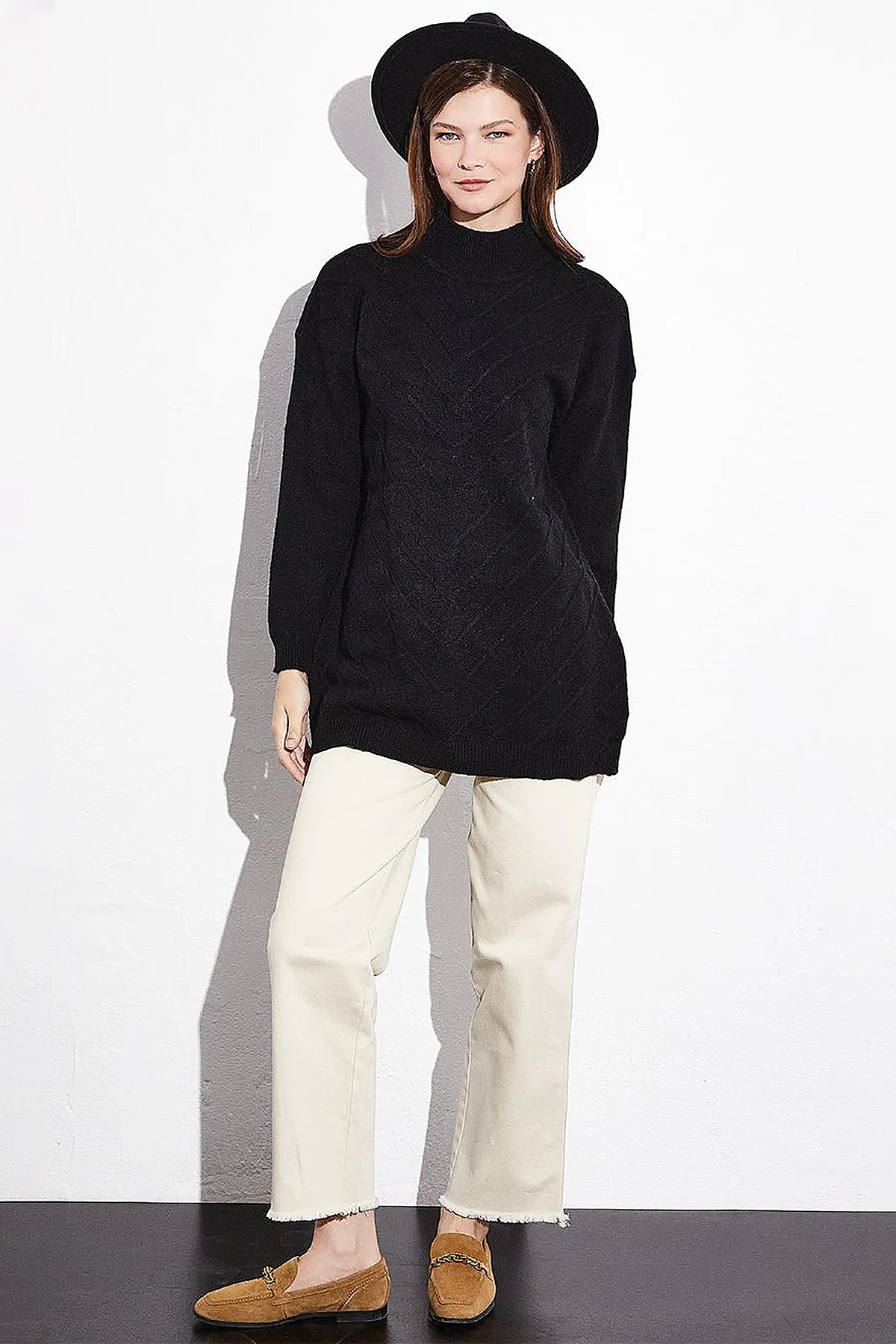 Exclusive Fisherman's Collar Textured Knit Tunic Black