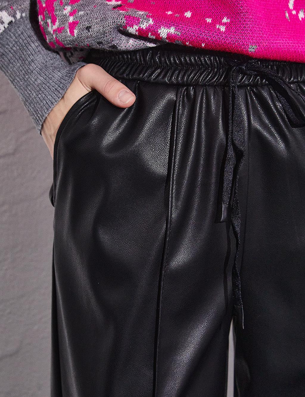 Waist Elastic Faux Leather Trousers Black