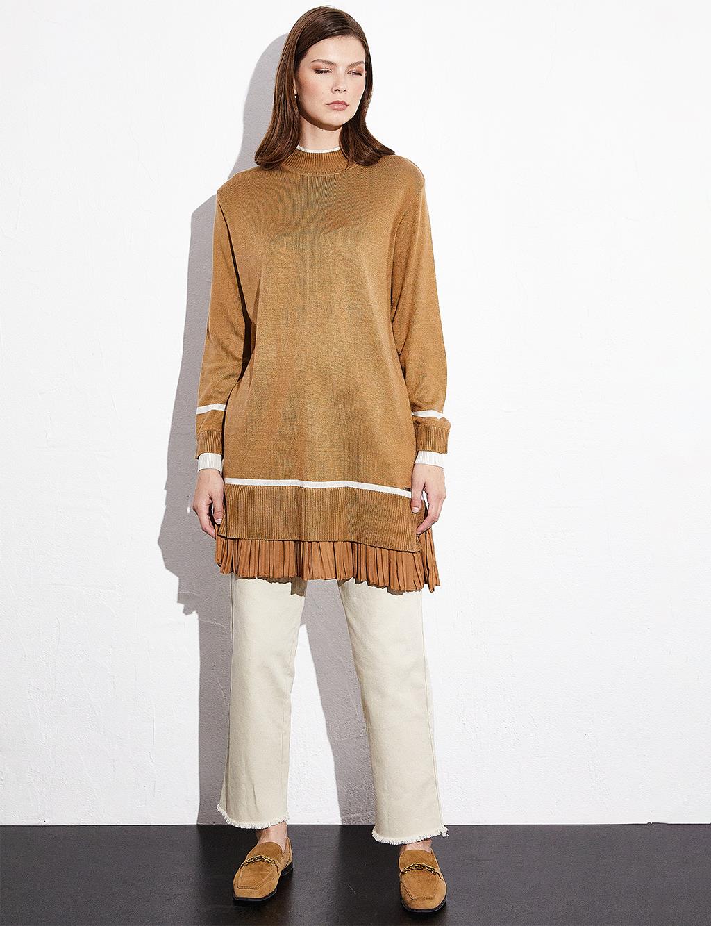 Layer Detailed Pleated Skirt Tunic Beige