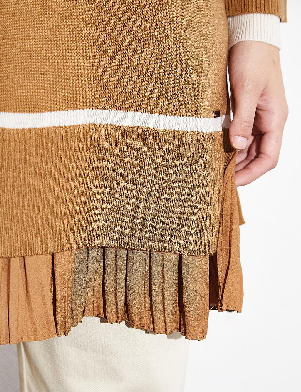 Layer Detailed Pleated Skirt Tunic Beige