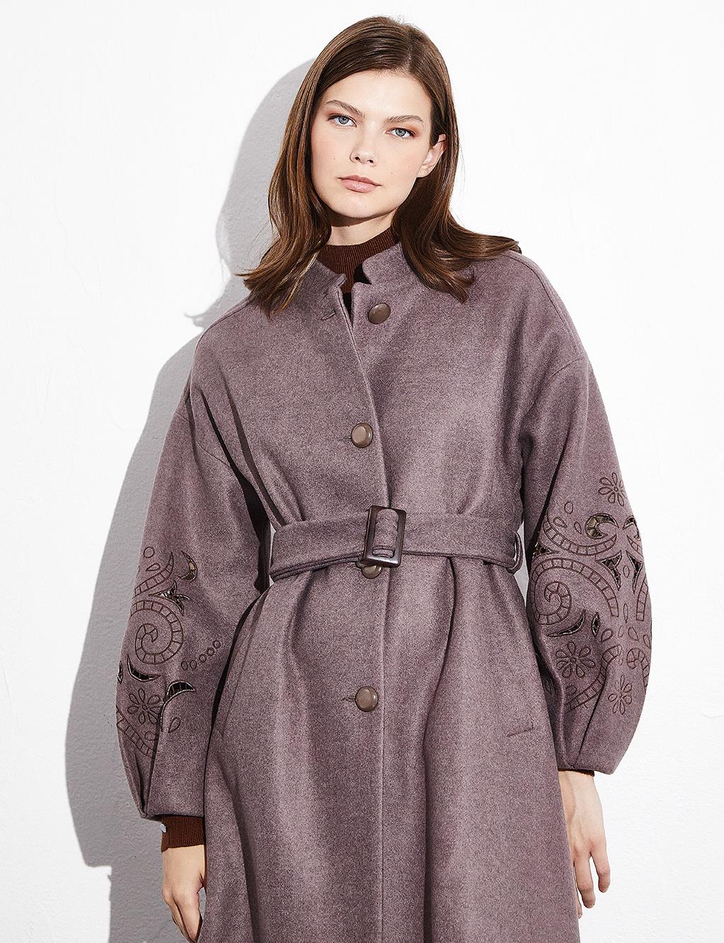 Embroidered Laser Cut Buttoned Coat Desert Brown