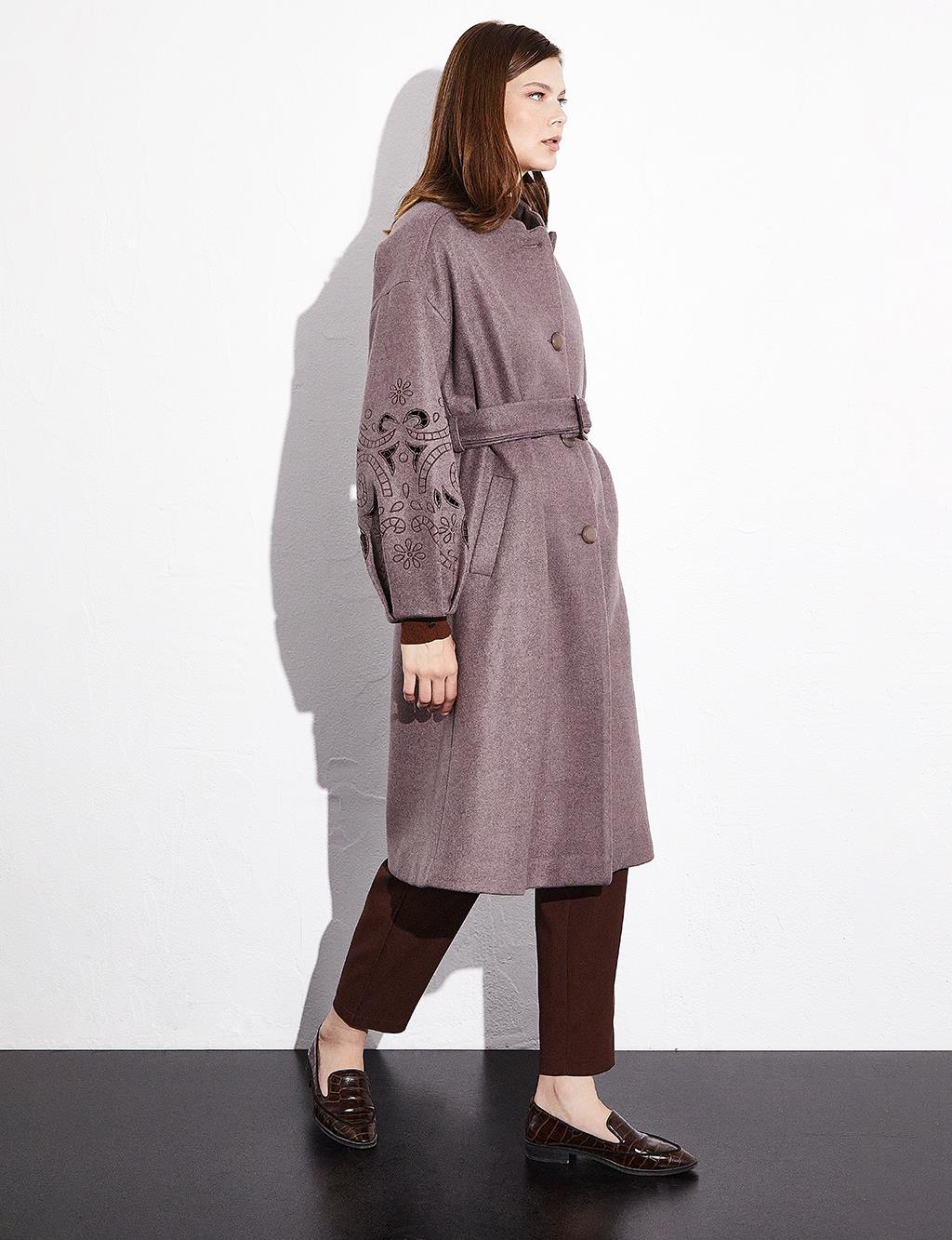 Embroidered Laser Cut Buttoned Coat Desert Brown