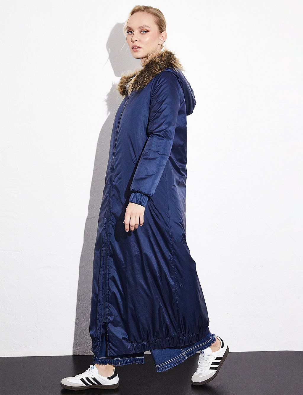 Suni Kürklü Fermuarlı Mont Lacivert