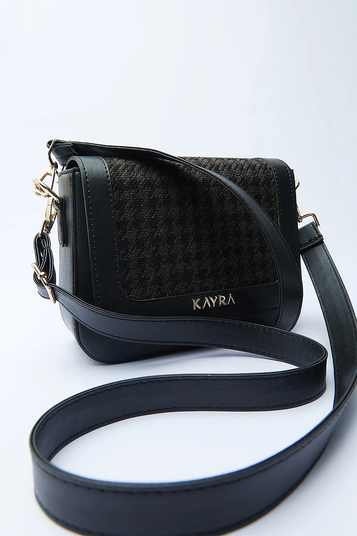 Houndstooth Patterned Square Form Bag Brown Black