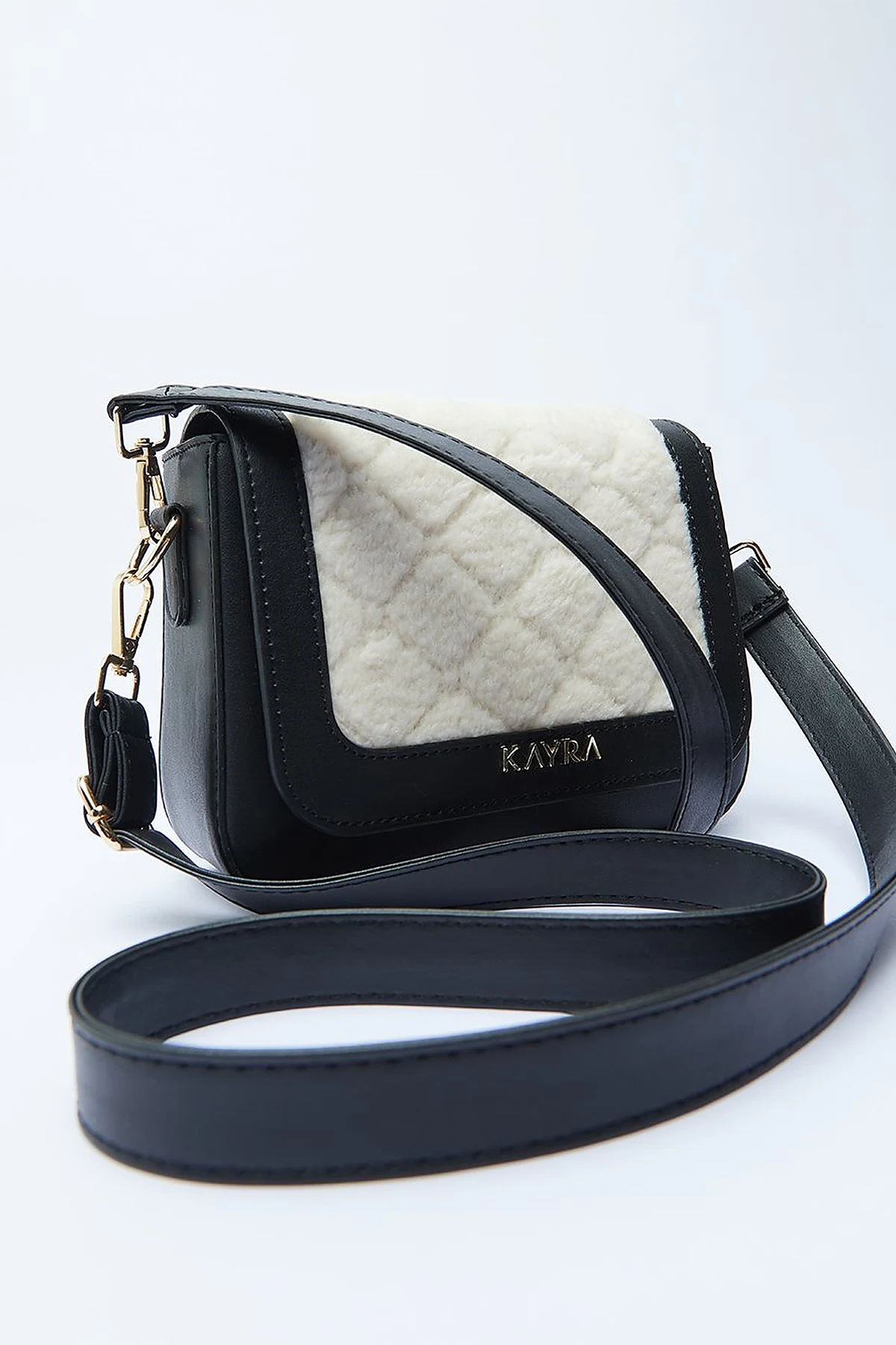 Houndstooth Patterned Square Form Bag Cream Black