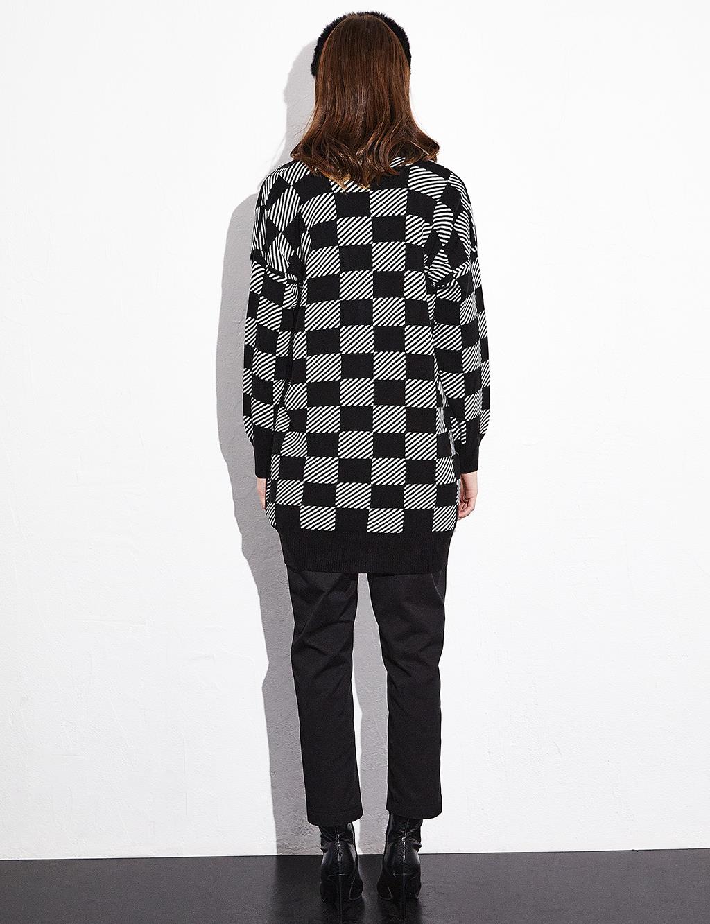 Checkered Stripe Design Cardigan Black