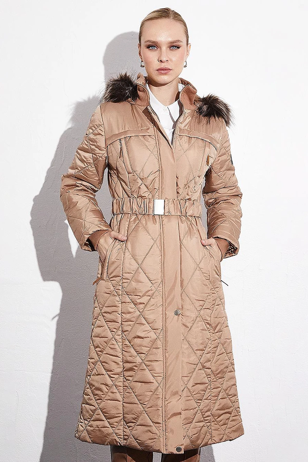 Diamond Quilted Puffer Coat Powder