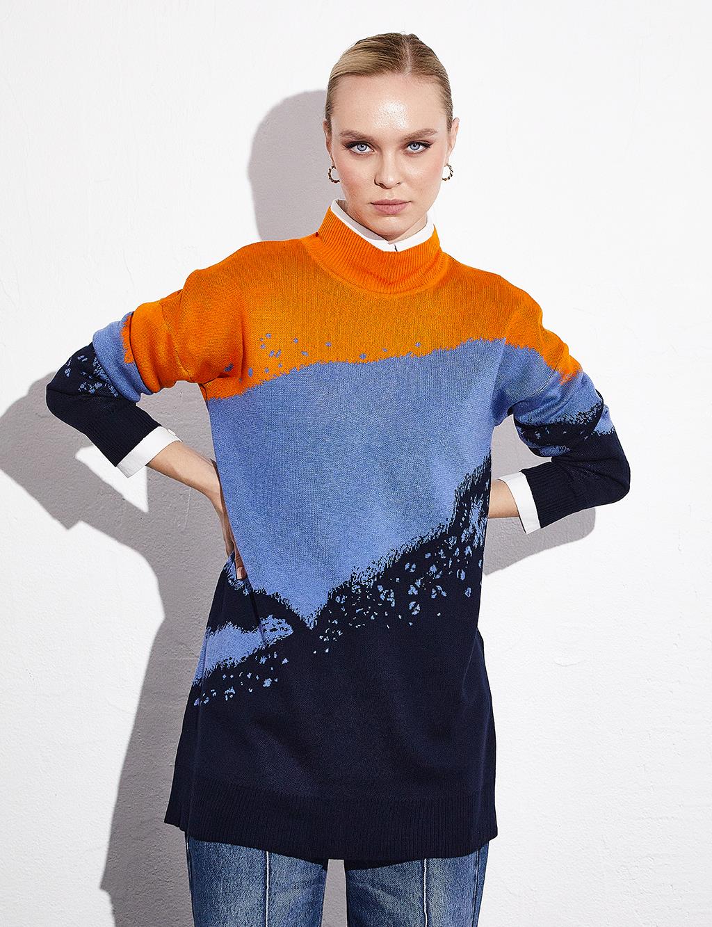Abstract Patterned Colorful Knitwear Tunic Navy Blue