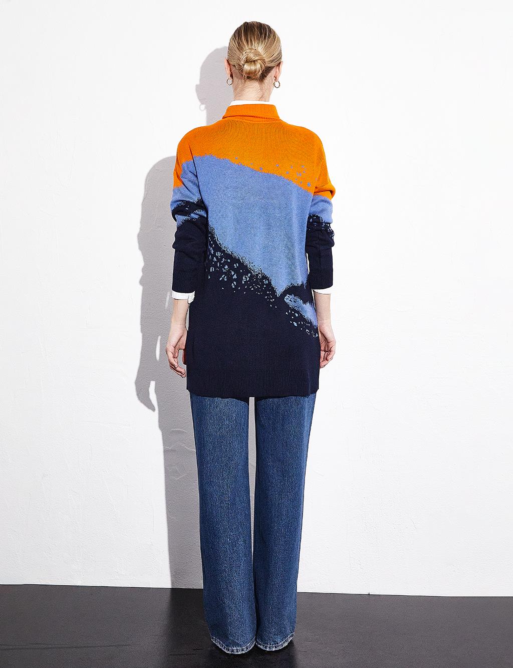 Abstract Patterned Colorful Knitwear Tunic Navy Blue