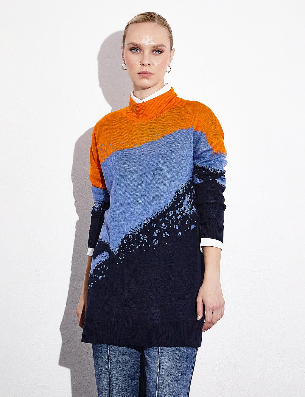 Abstract Patterned Colorful Knitwear Tunic Navy Blue