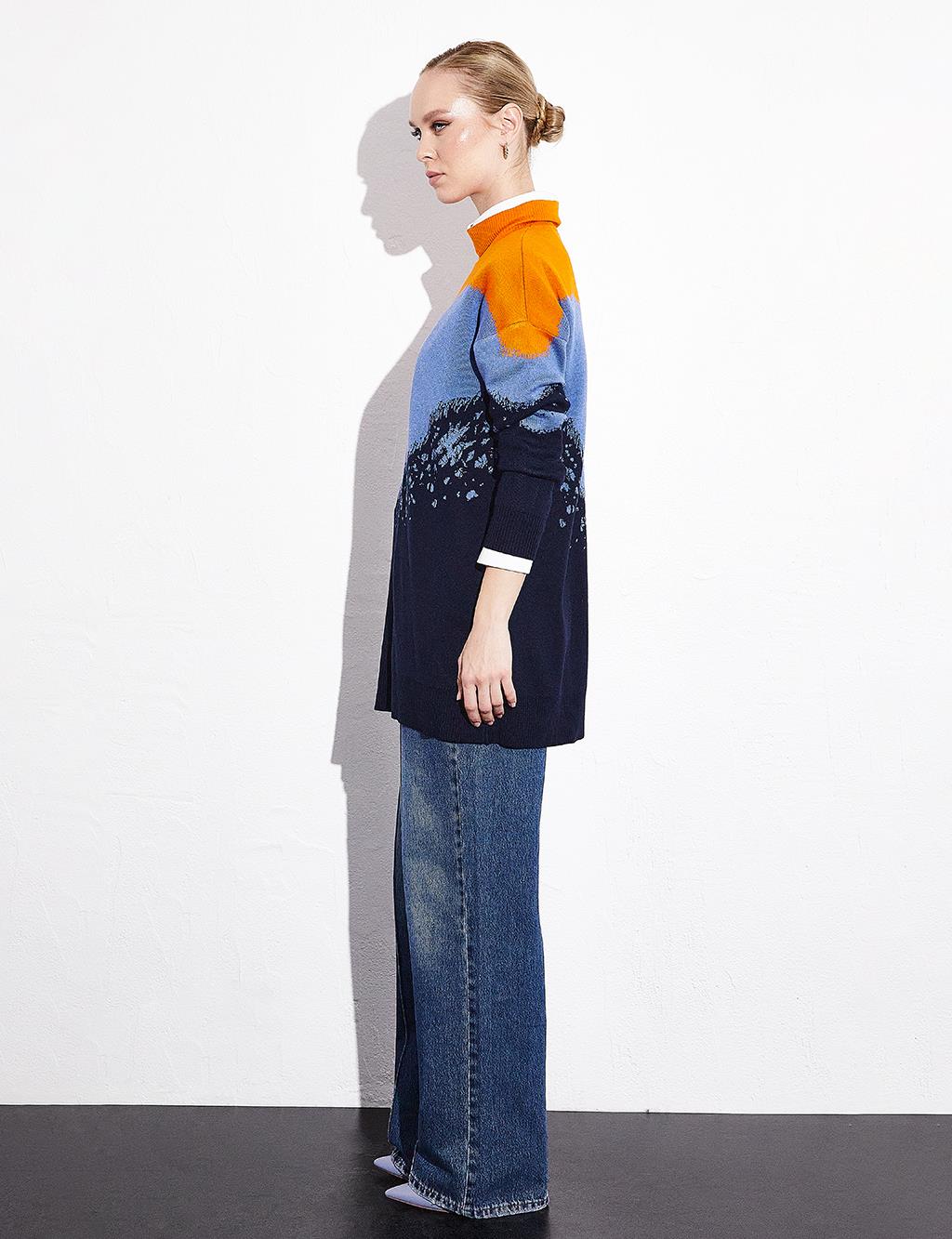 Abstract Patterned Colorful Knitwear Tunic Navy Blue