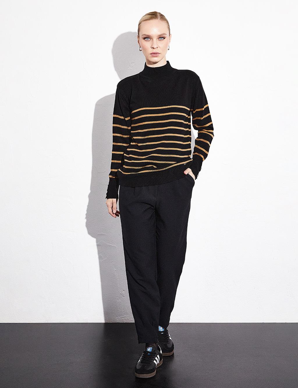 Turtleneck Striped Knitwear Blouse Black Beige