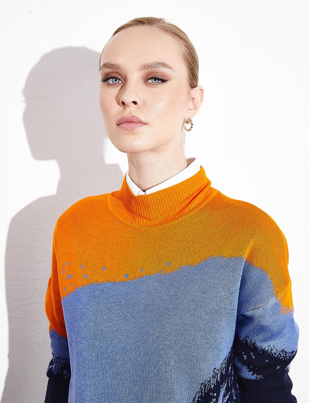 Abstract Patterned Colorful Knitwear Tunic Navy Blue
