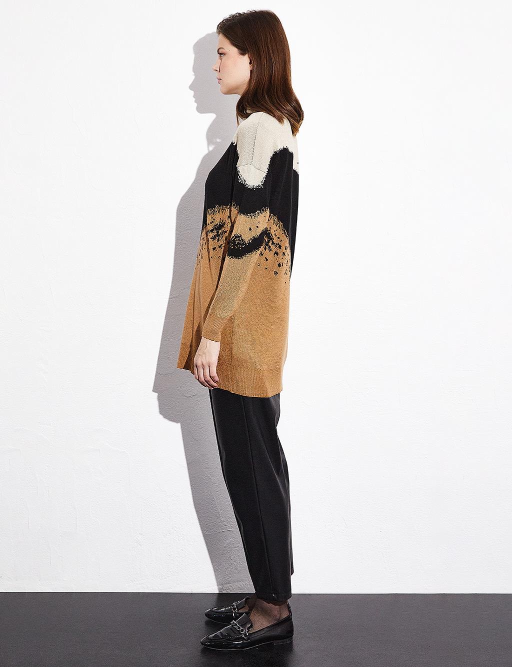 Soyut Desenli Renkli Triko Tunik Camel