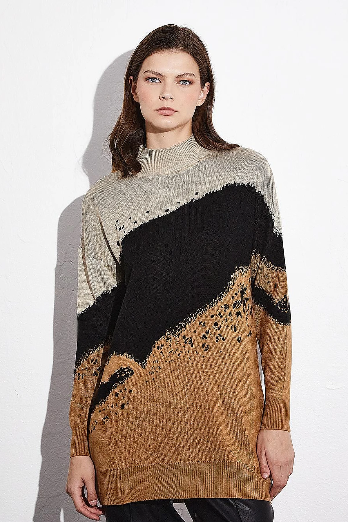 Abstract Patterned Colorful Knitwear Tunic Camel