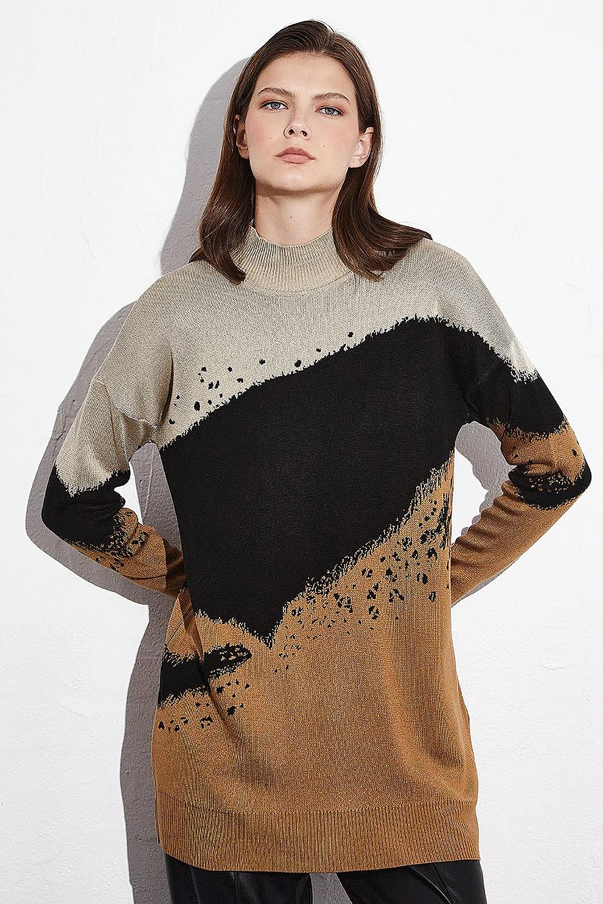 Abstract Patterned Colorful Knitwear Tunic Camel