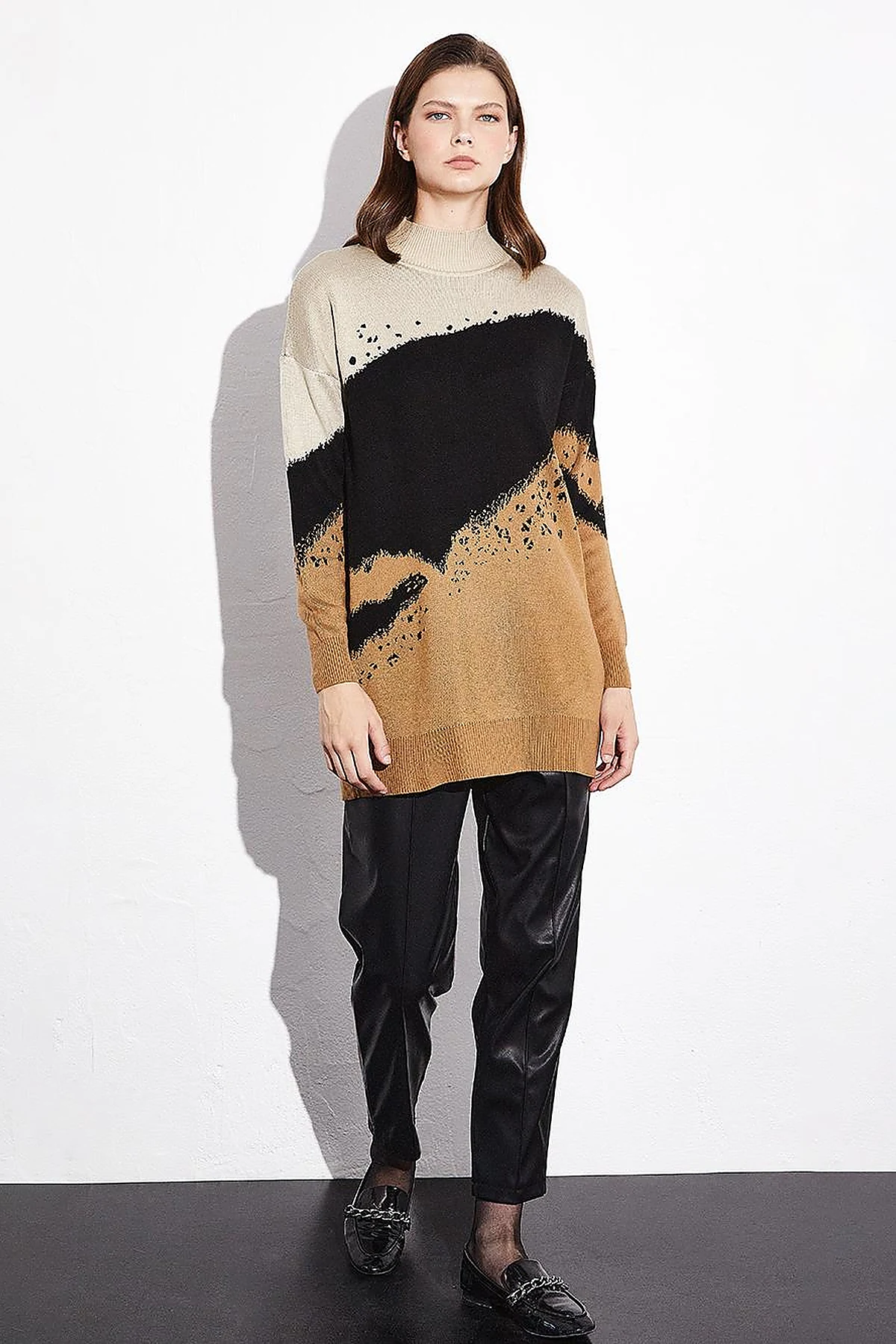 Abstract Patterned Colorful Knitwear Tunic Camel