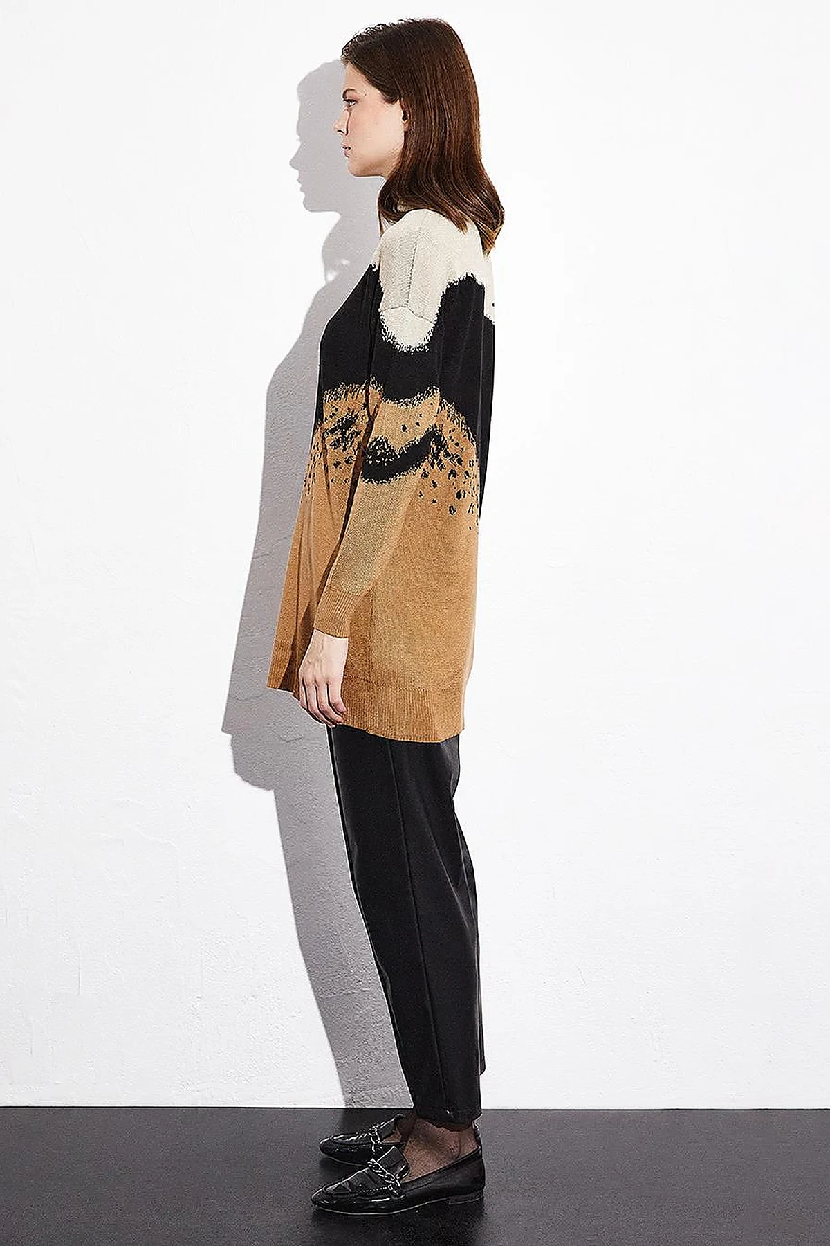 Abstract Patterned Colorful Knitwear Tunic Camel