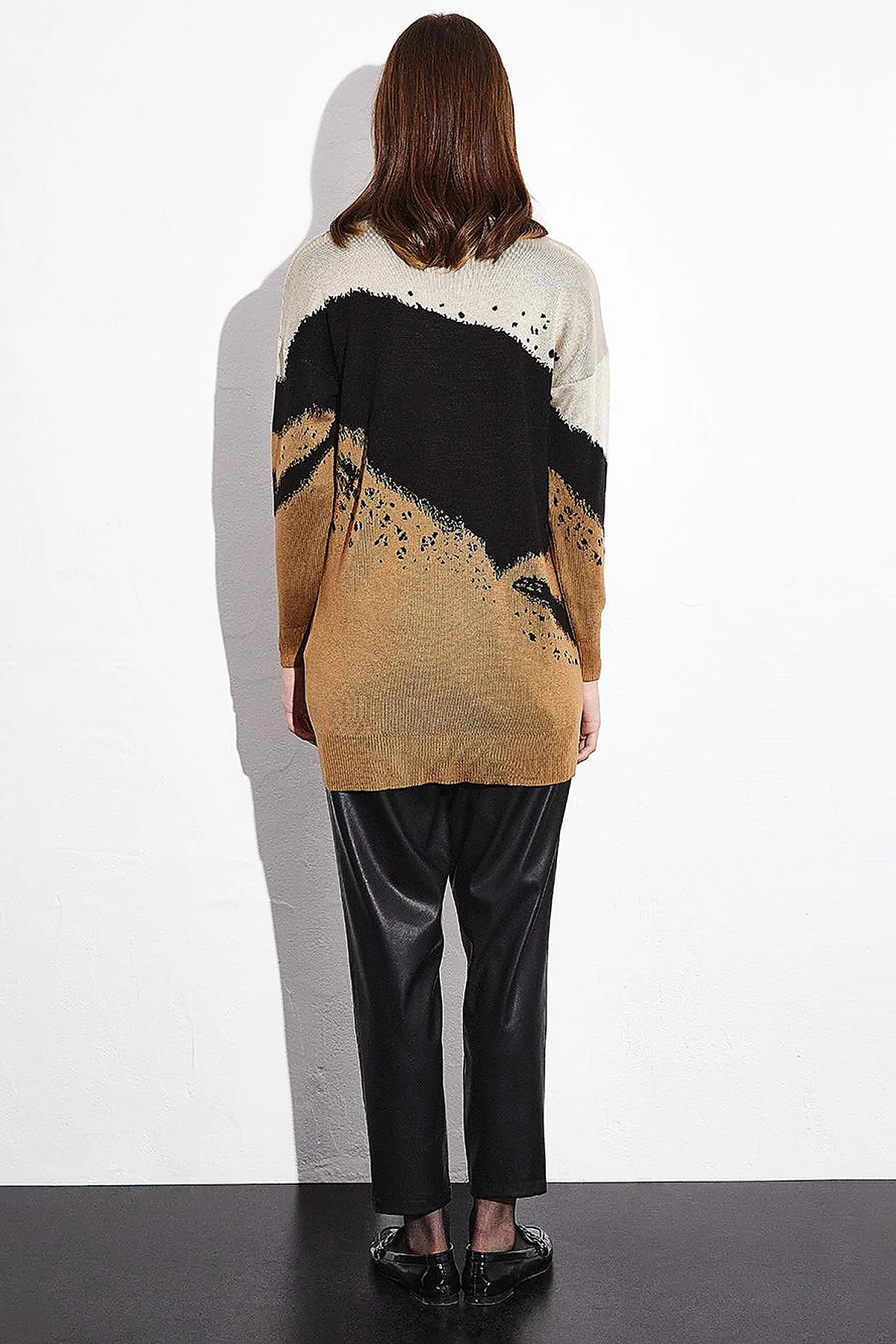 Abstract Patterned Colorful Knitwear Tunic Camel