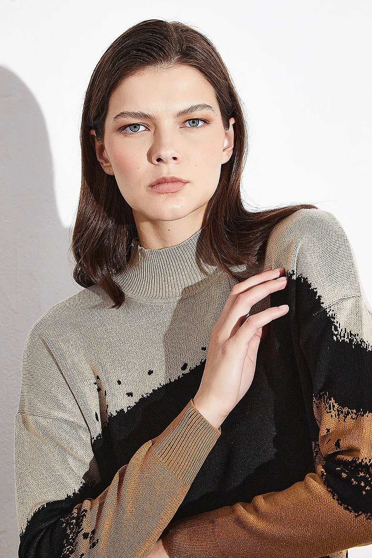 Abstract Patterned Colorful Knitwear Tunic Camel