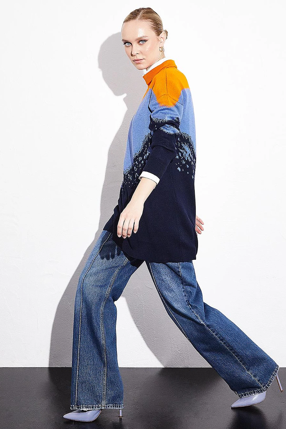 Abstract Patterned Colorful Knitwear Tunic Navy Blue