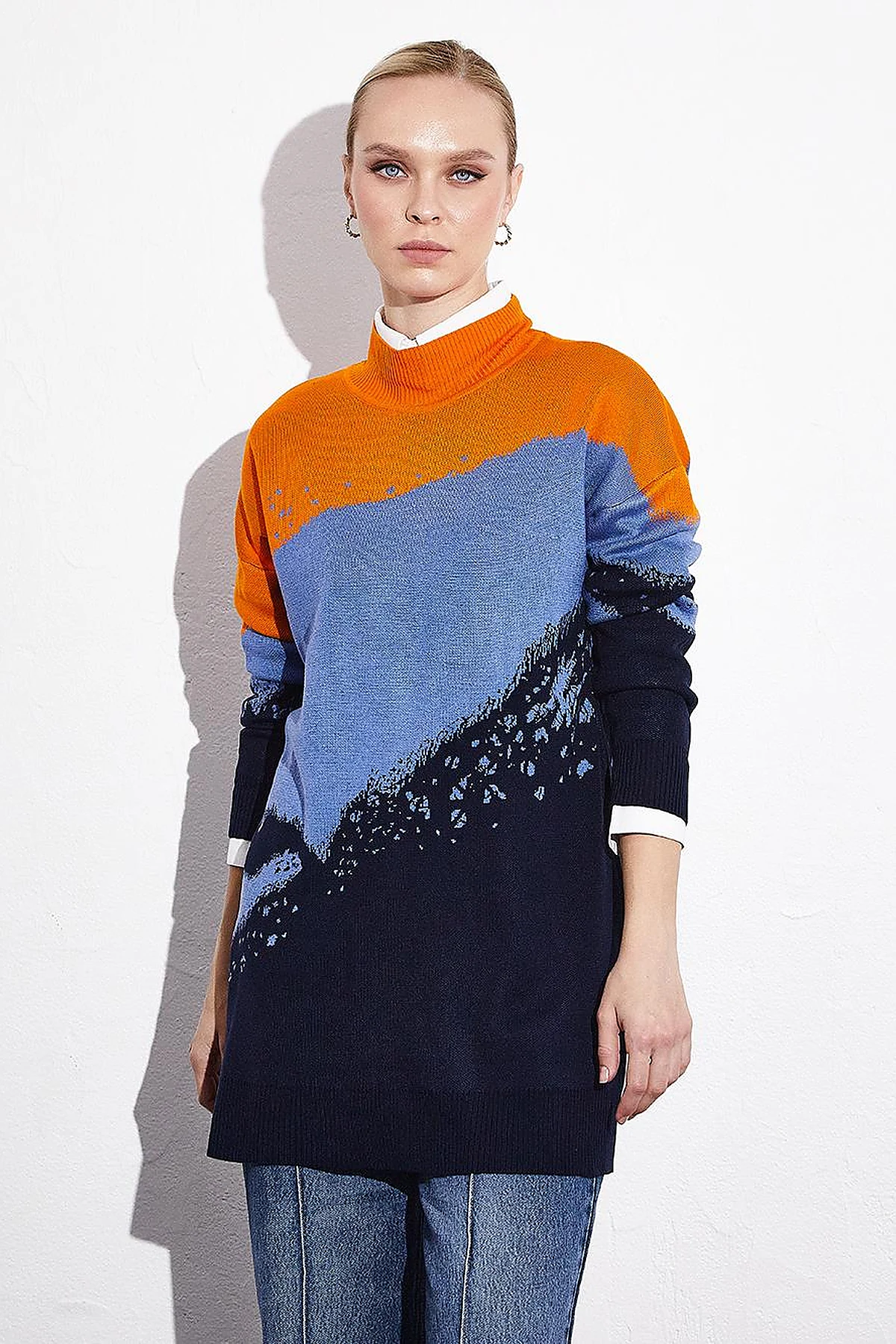 Abstract Patterned Colorful Knitwear Tunic Navy Blue