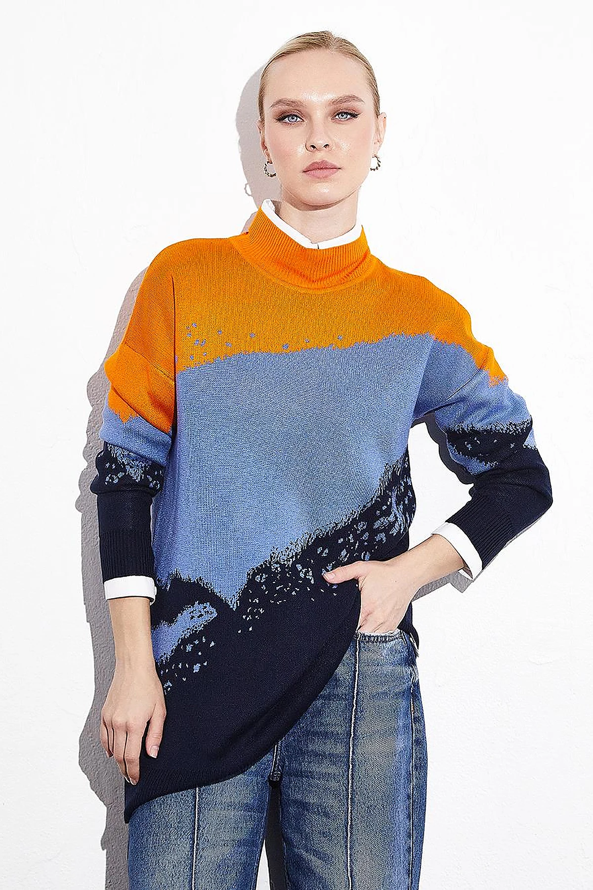 Abstract Patterned Colorful Knitwear Tunic Navy Blue