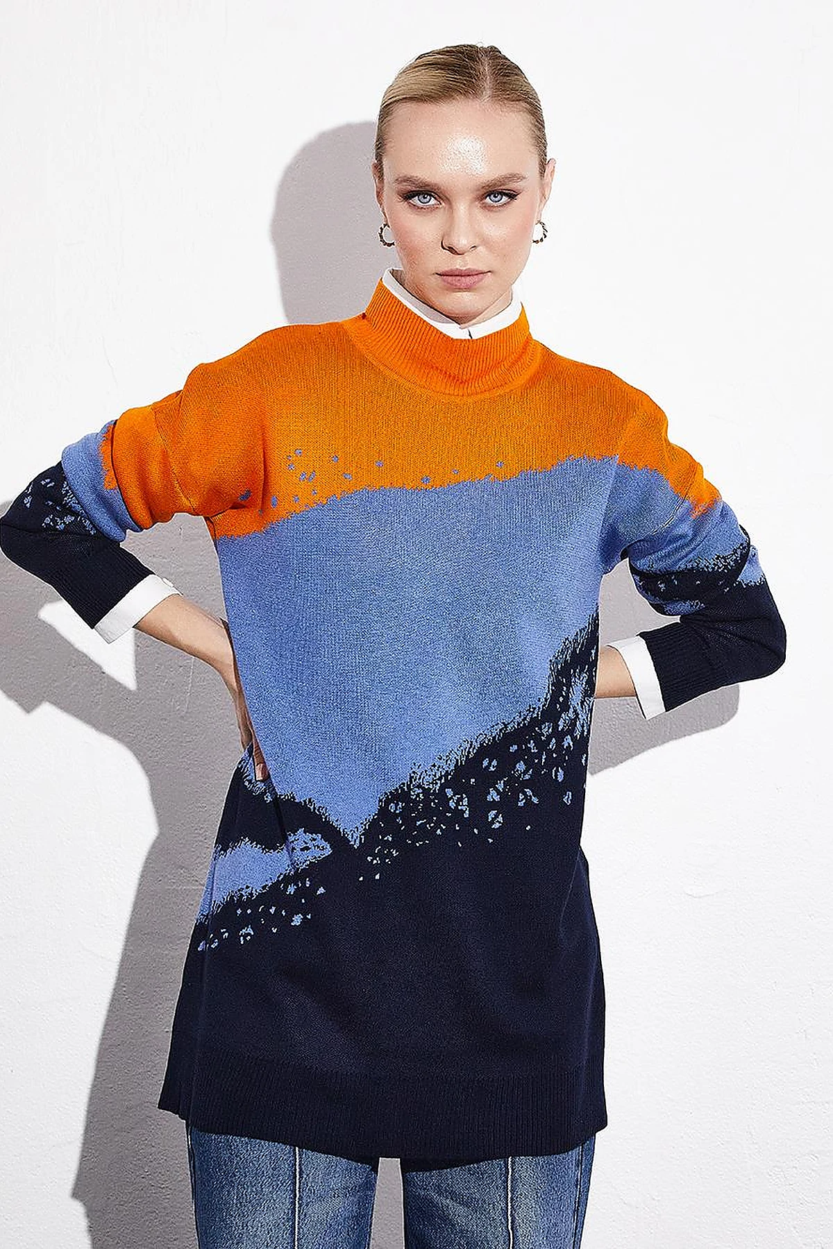 Abstract Patterned Colorful Knitwear Tunic Navy Blue