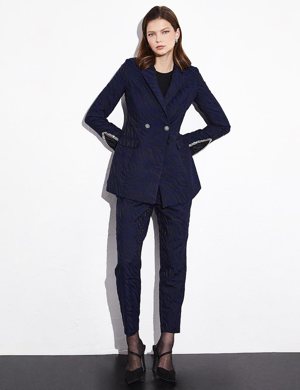 Patterned Shiny Stone Detailed Double Suit Navy Blue
