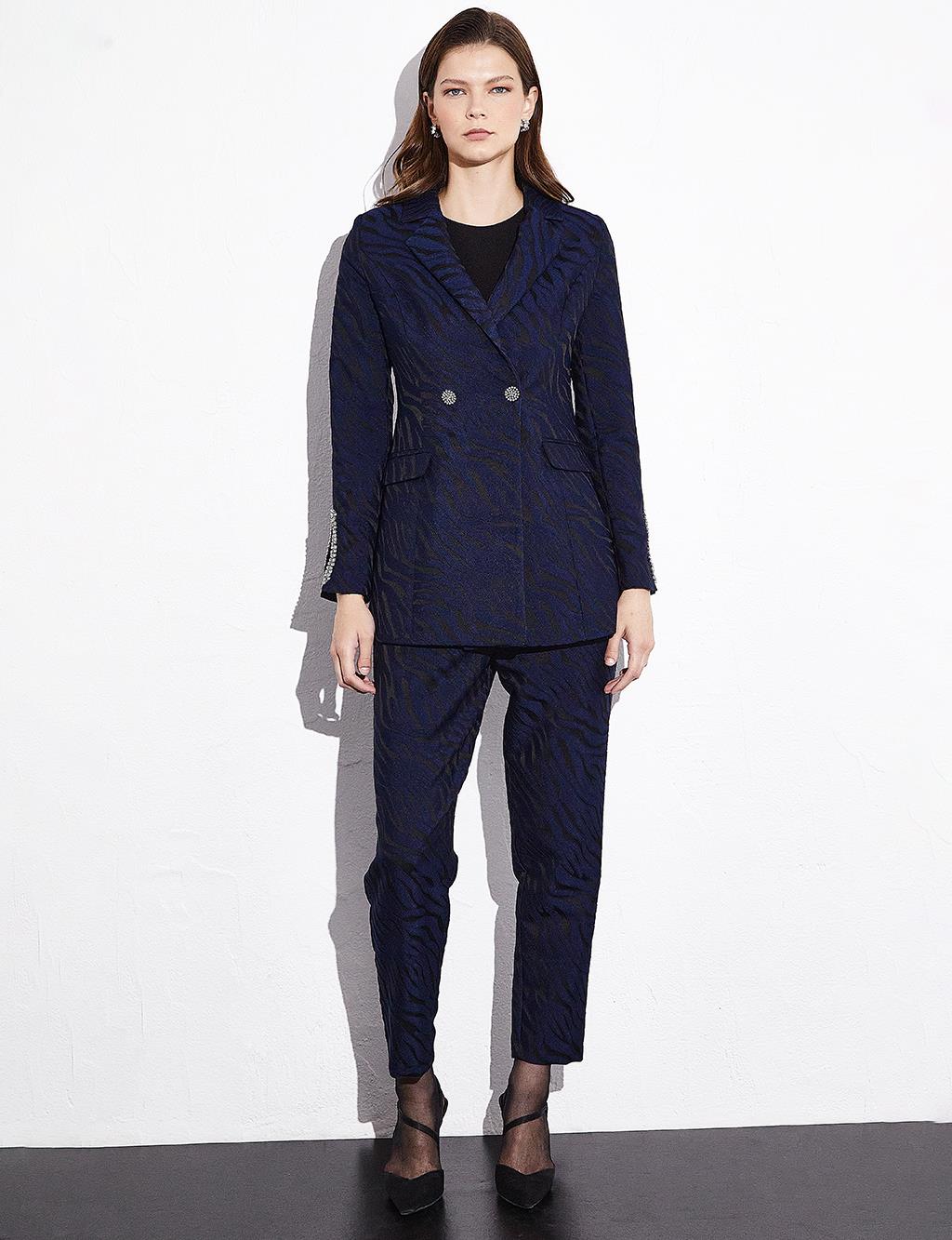 Patterned Shiny Stone Detailed Double Suit Navy Blue