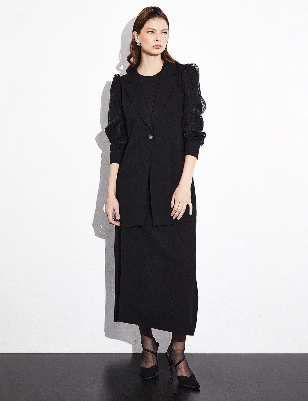 Organza Detailed Skirt Double Suit Black