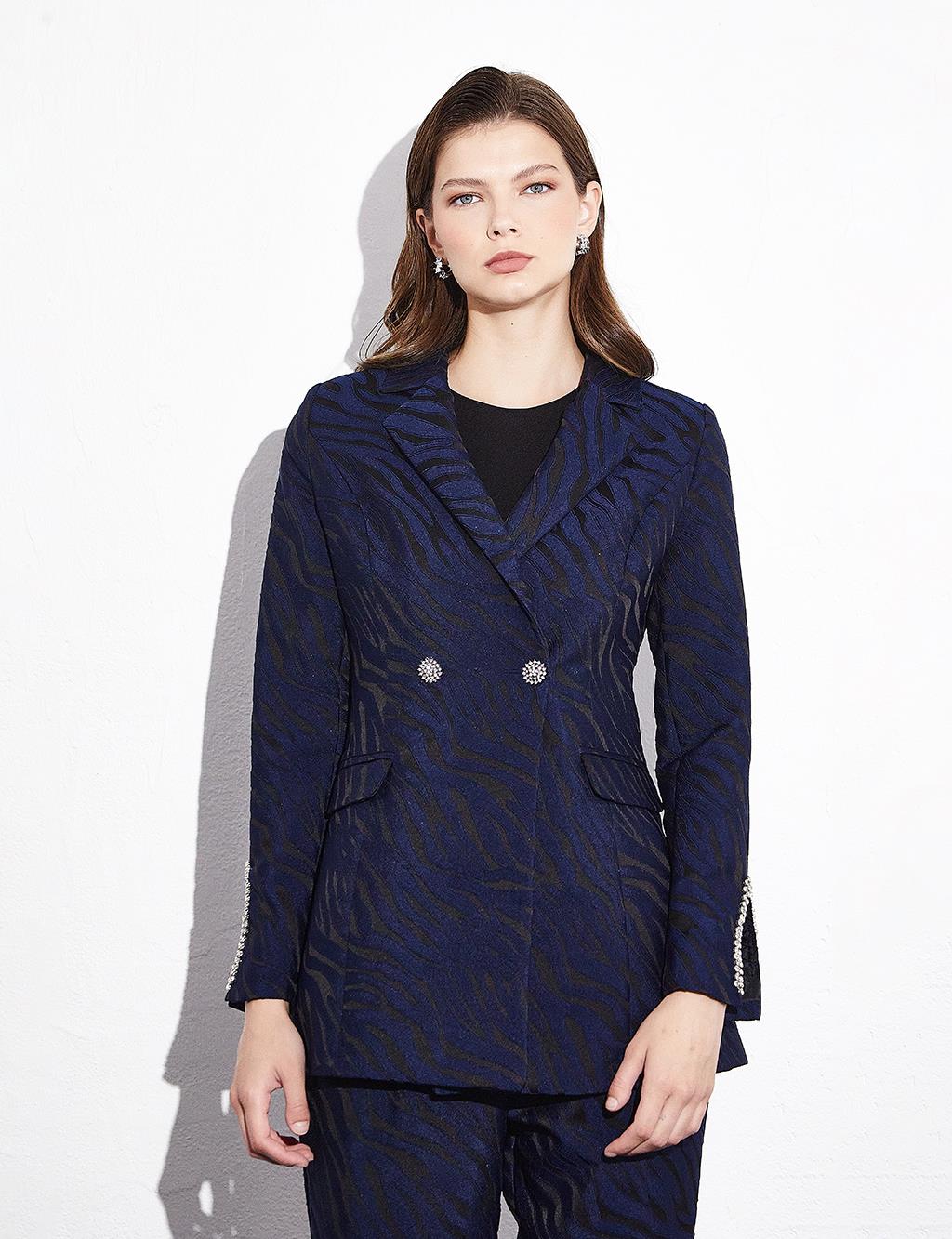 Patterned Shiny Stone Detailed Double Suit Navy Blue