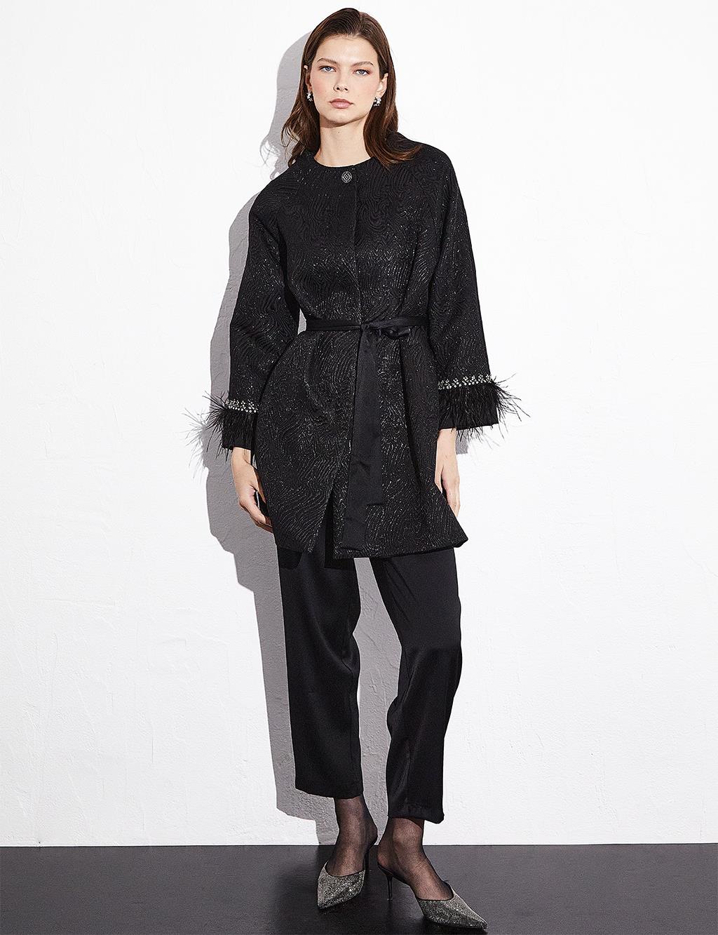 Jacquard Sleeves Ribbed Double Suit Black