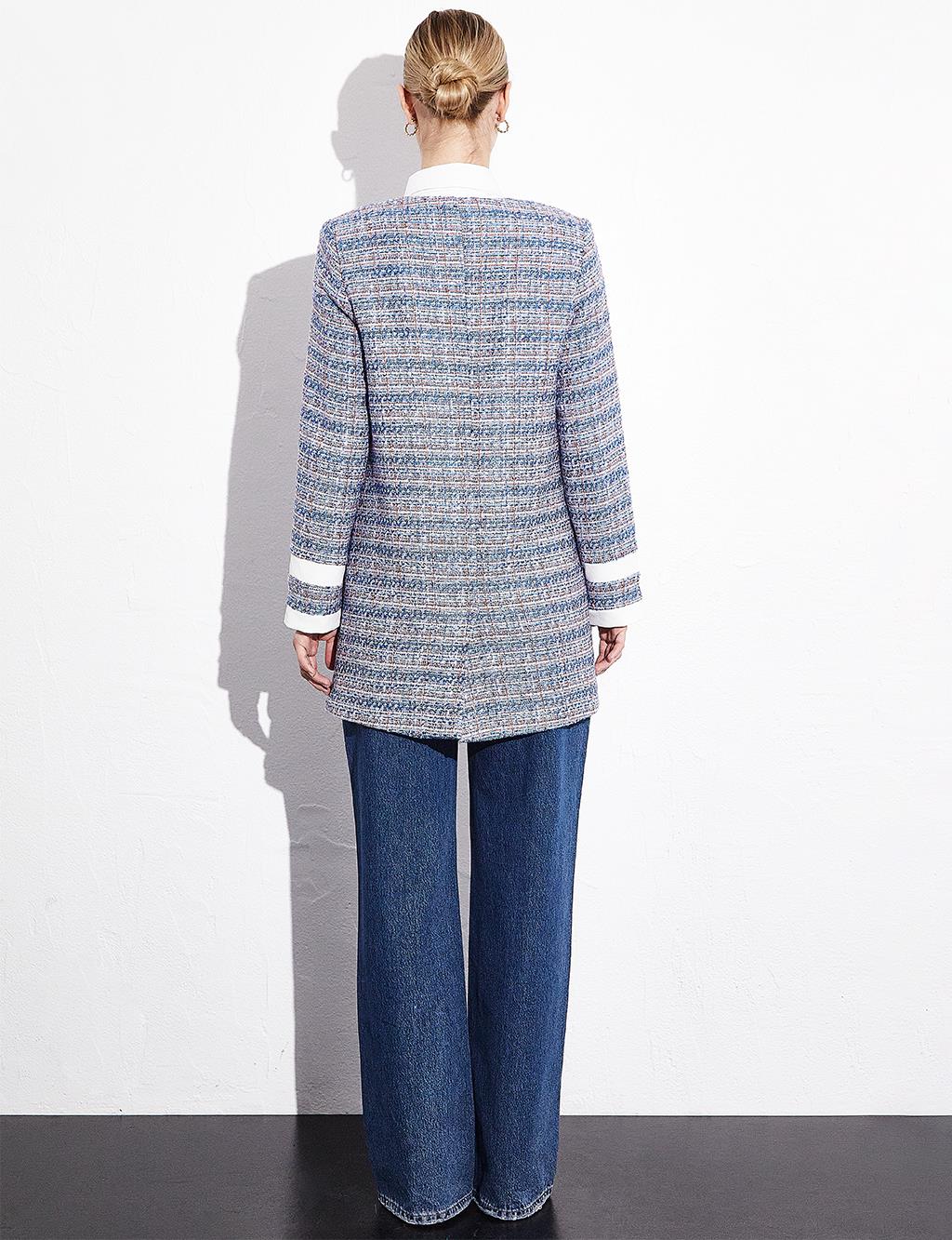 Buttoned Pocket Tweed Jacket Aviator Blue