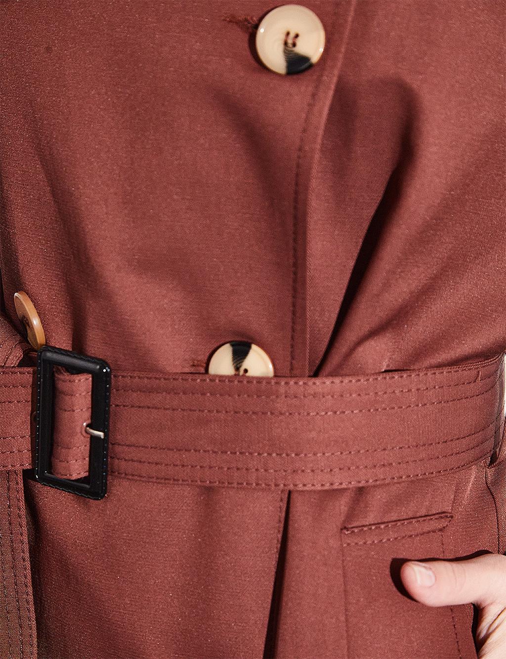 Double Breasted Buttoned Belt Detailed Cap Chestnut