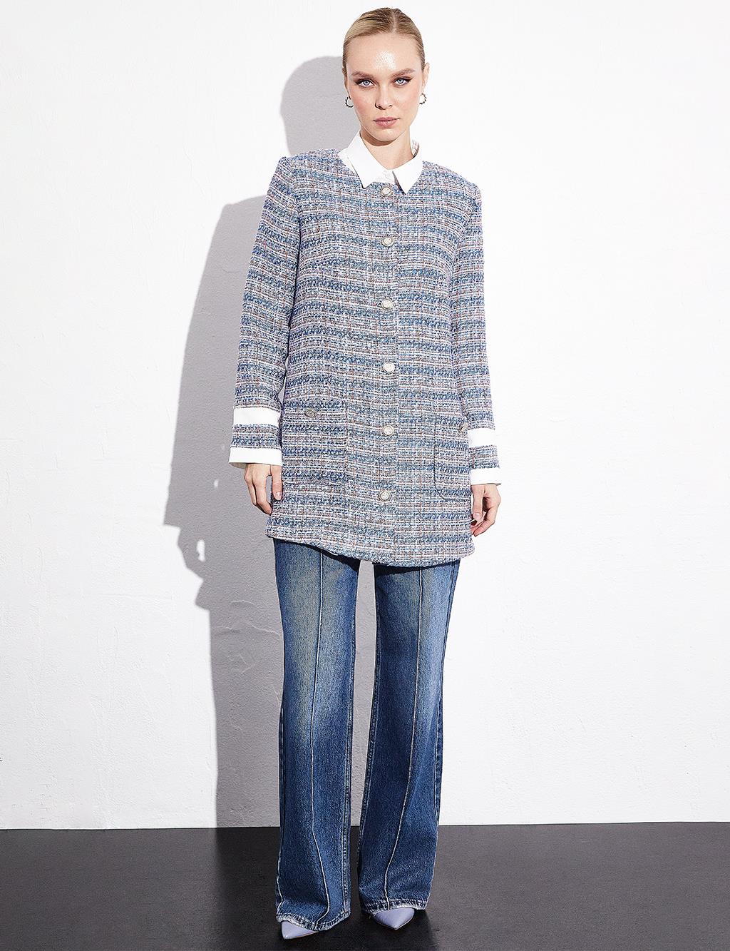 Buttoned Pocket Tweed Jacket Aviator Blue