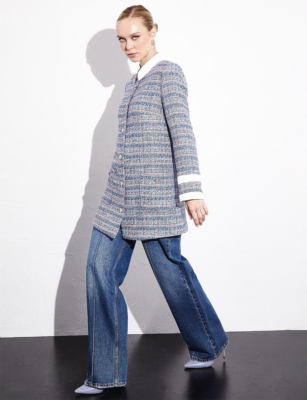 Buttoned Pocket Tweed Jacket Aviator Blue