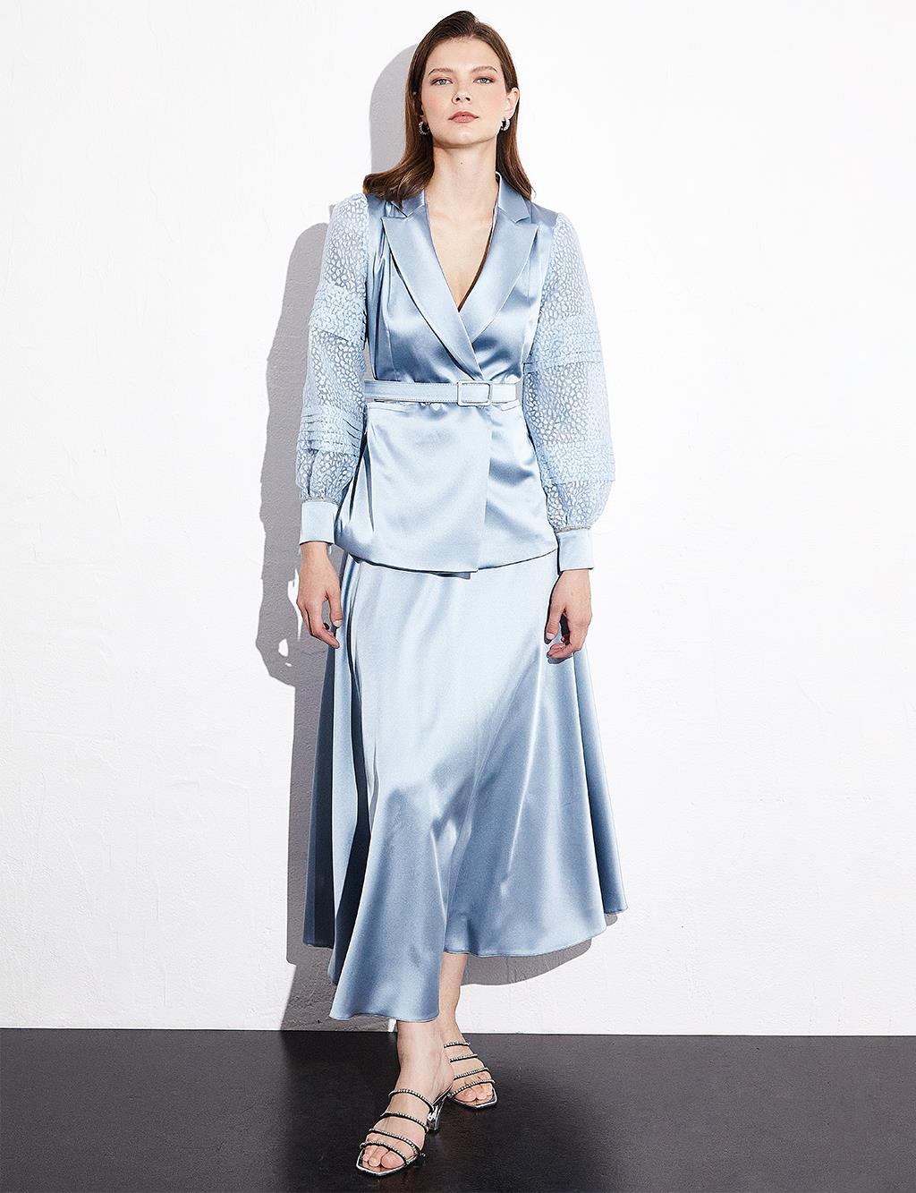 Satin Organza Garnished Skirt Double Suit Blue