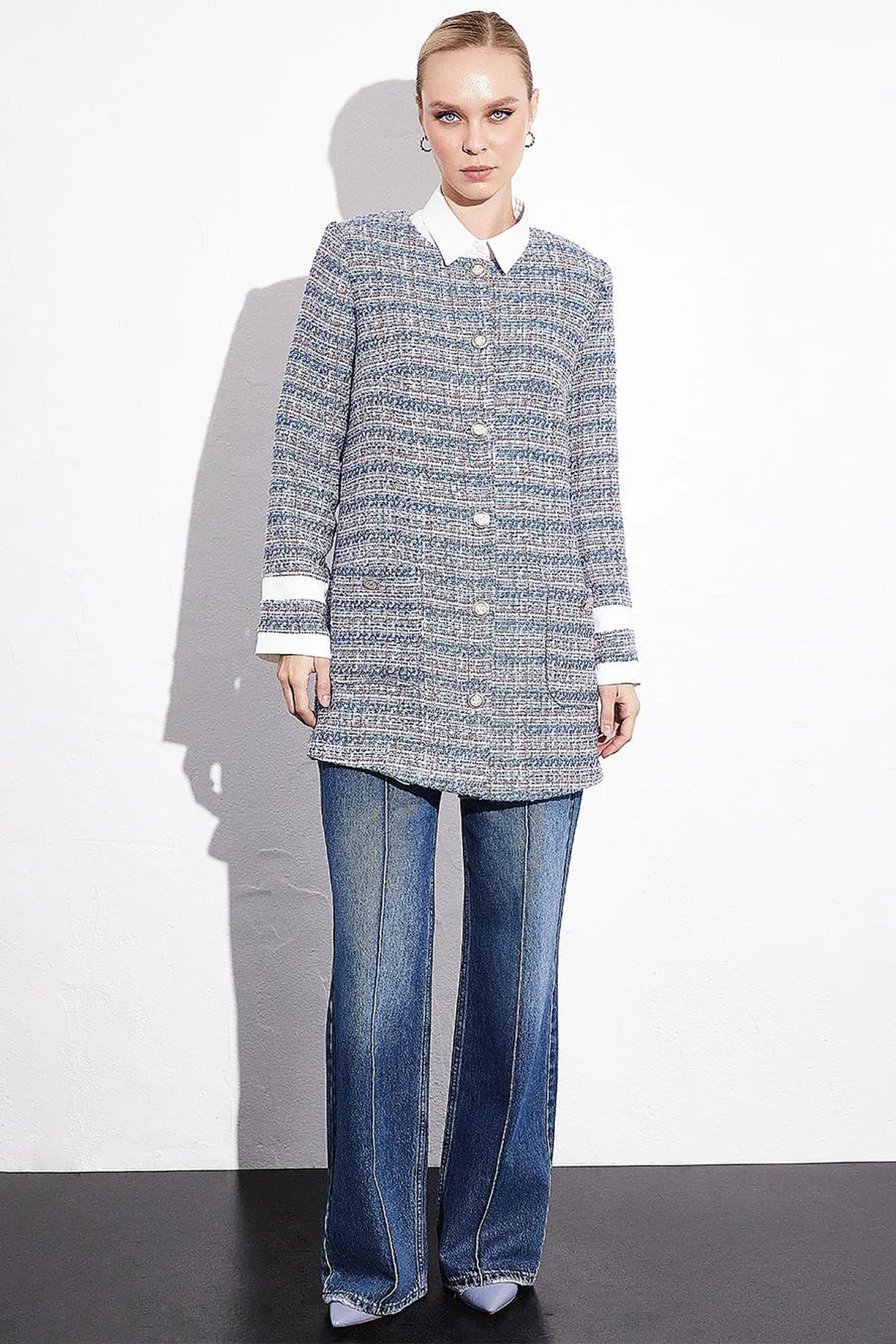 Buttoned Pocket Tweed Jacket Aviator Blue