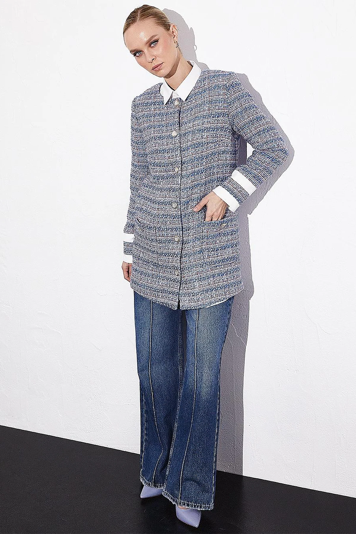 Buttoned Pocket Tweed Jacket Aviator Blue