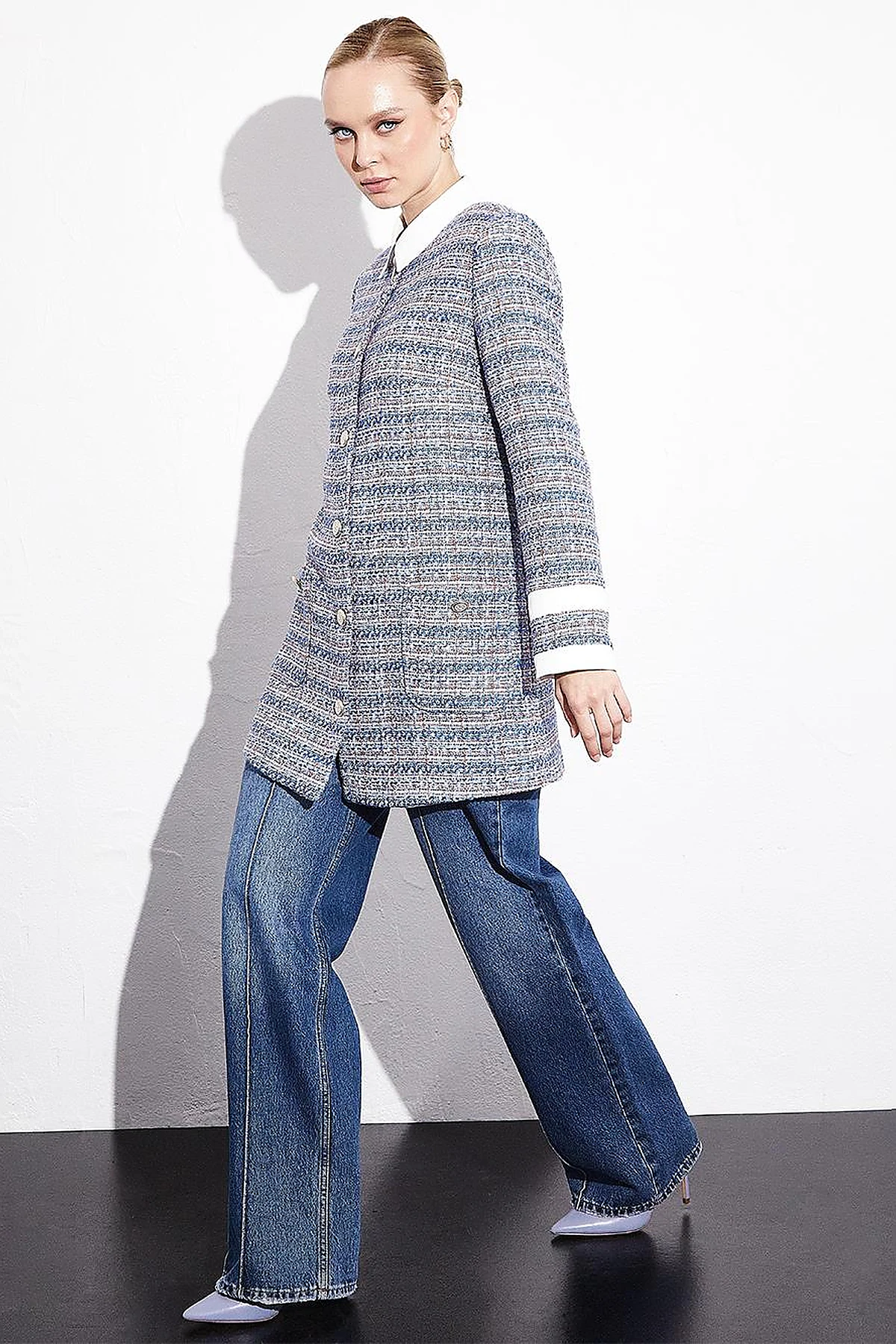 Buttoned Pocket Tweed Jacket Aviator Blue
