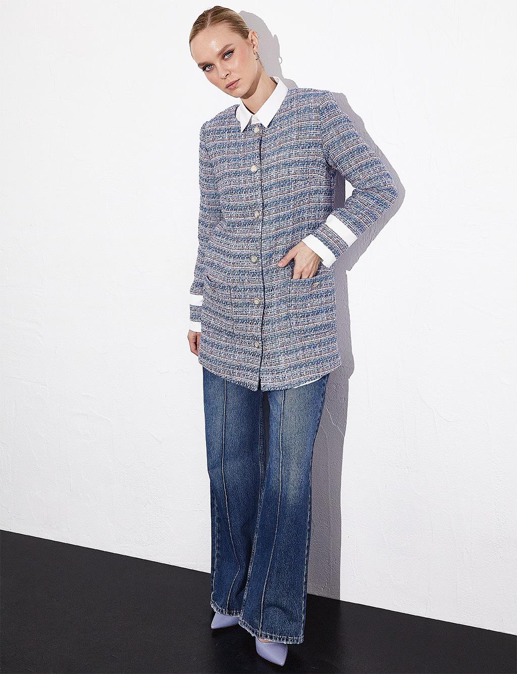 Buttoned Pocket Tweed Jacket Aviator Blue