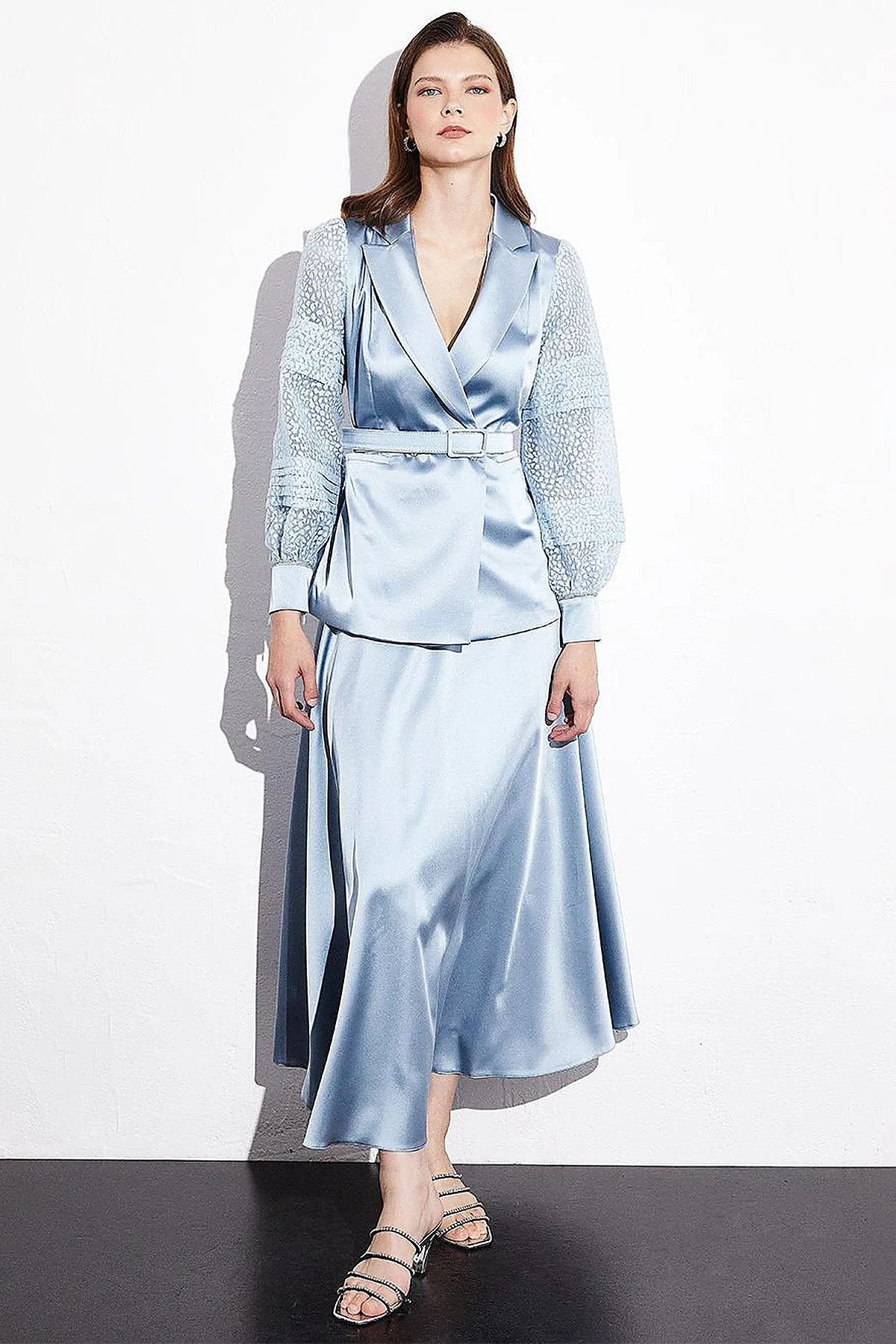 Satin Organza Garnished Skirt Double Suit Blue