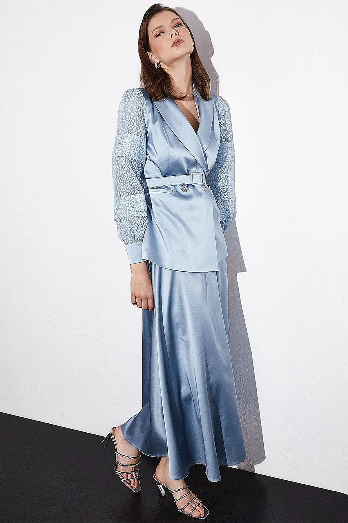 Satin Organza Garnished Skirt Double Suit Blue