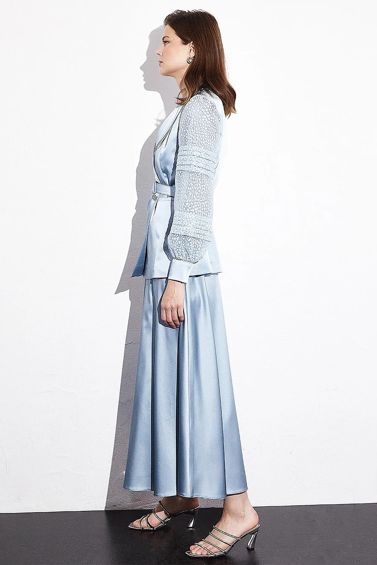 Satin Organza Garnished Skirt Double Suit Blue