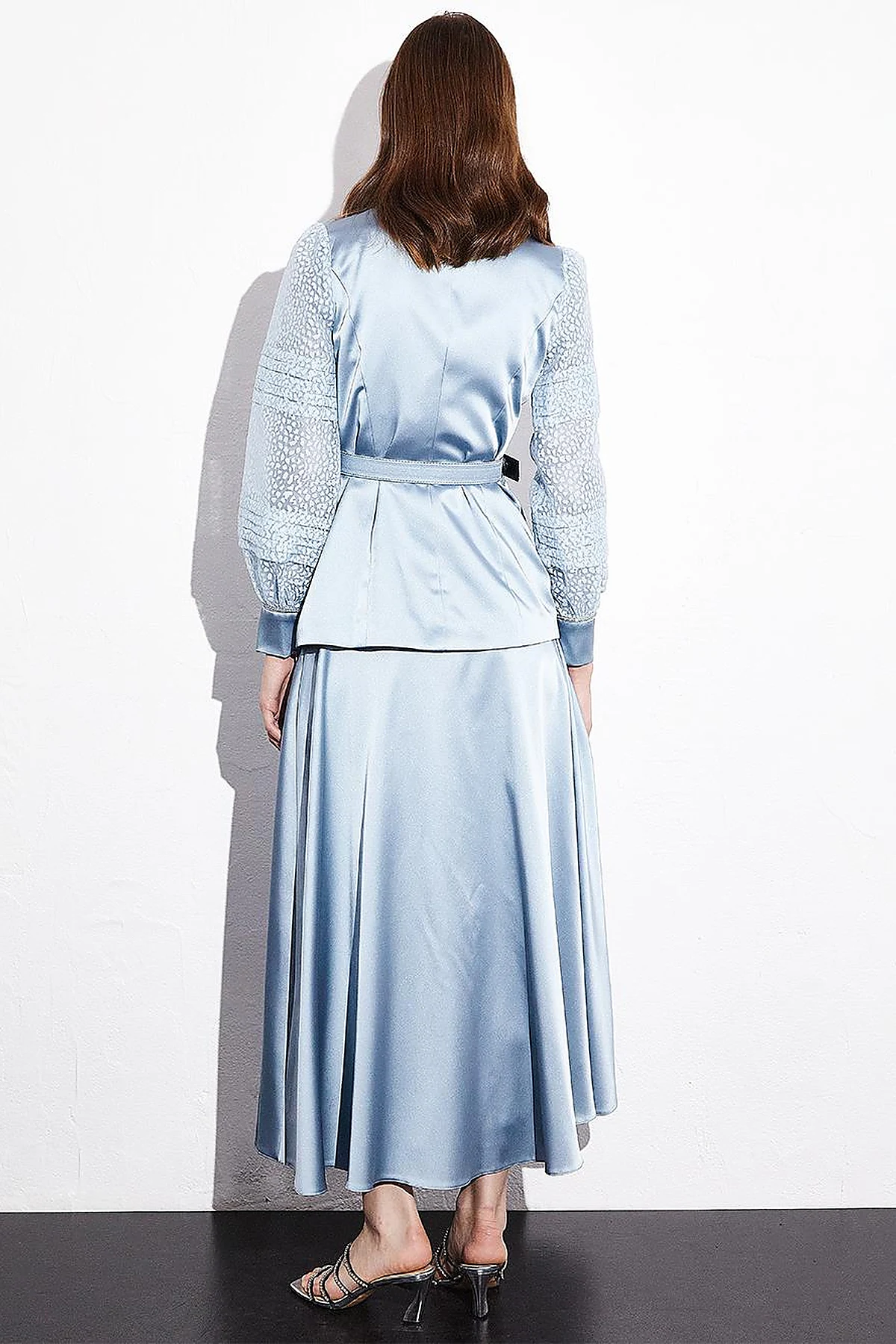 Satin Organza Garnished Skirt Double Suit Blue